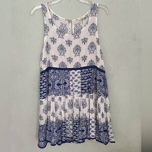 Entro Sleeveless Blue & White Tiered Mixed Pattern Swing Summer Swing Dress M